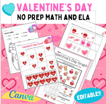 Preview of Valentine's Day No Prep Math and ELA Handouts-Editable!