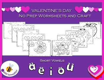 Preview of Valentine's Day No Prep Worksheets and Craft Short Vowels A E I O U in CVC Words