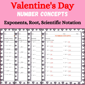 Preview of Valentine's Day Number Concepts Activities: Exponents Roots, Scientific Notation