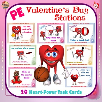 Preview of Valentine's Day PE Stations- 15 "Heart Power" Station Cards