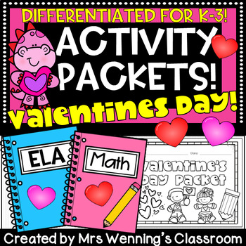 Preview of Valentine's Day Packets! Valentine ELA & Math Pages! Differentiated for K-3!