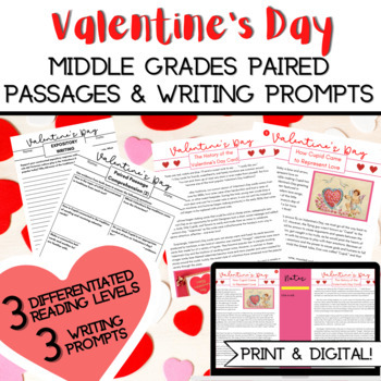 Preview of Valentine's Day Paired Passages and Writing Prompts - Middle Grades (5-8)