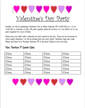 Preview of Valentine's Day Class List/Parent Note