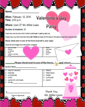 Preview of Valentine's Day Party Letter For Parents