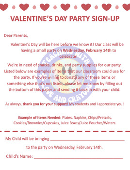Preview of Valentine's Day Party Sign-Up Letter to Parents (FULLY EDITABLE)