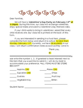 Preview of Valentine's Day Party Sign Up Sheet