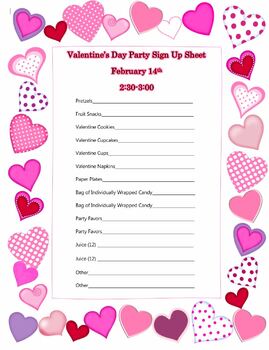 Preview of Valentine's Day Party Sign Up Sheet for Parents