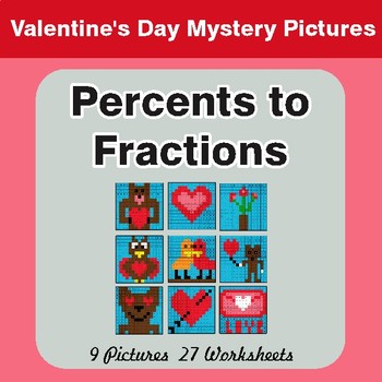 Valentine's Day: Percents to Fractions - Color-By-Number Math Mystery Pictures