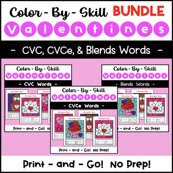 Preview of Valentine's Day Phonics Color by Code BUNDLE - CVC, CVCe, & Blends!