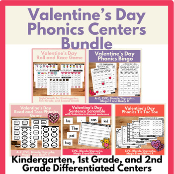 Preview of Valentine's Day Phonics Games Bundle Differentiated Literacy Centers K-2