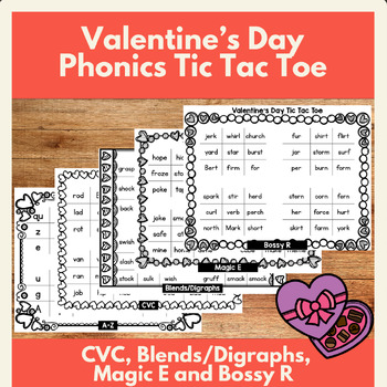 Preview of Valentine's Day Phonics Tic Tac Toe Game for Literacy Centers in Grades K-2