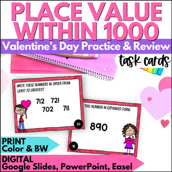 Preview of Valentine's Day Place Value within 1000 Task Cards Activities for February