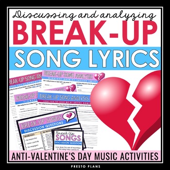 Preview of Valentine's Day Poetry Assignments - Break Up Song Lyrics Analysis Activities