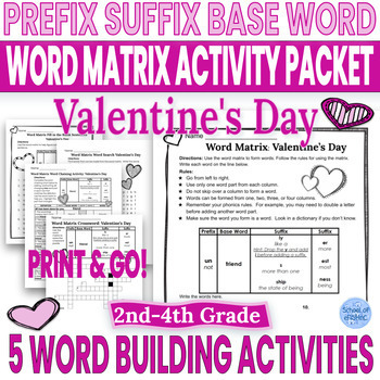 Preview of Valentine's Day Prefix Suffix Grammar Worksheets With Word Matrix
