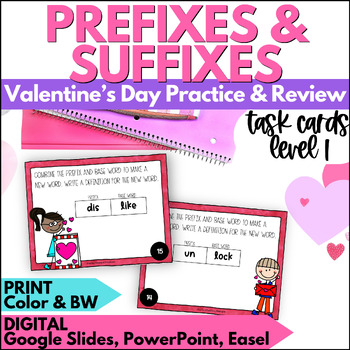 Preview of Valentine's Day Prefixes & Suffixes Task Cards Activities for February - Level 1