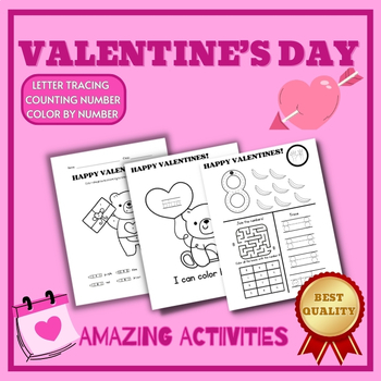 Preview of NO PREP VALENTINE'S DAY Letter Tracing, Color by Number, Pre K, 1st, 2nd Grade