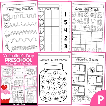 Preview of Valentine's Day Preschool No Prep Worksheets and Activities