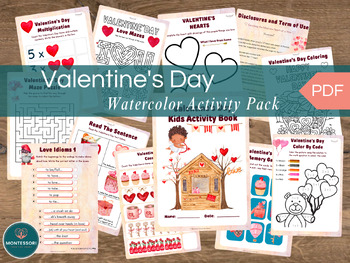 Preview of Valentine's Day Preschool Printable Kids Activity Watercolor Hands-On Learning