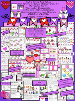 Preview of Valentine's Day, President's Day, MLK Jr., Writing, Word Wall & Math (ENGLISH)