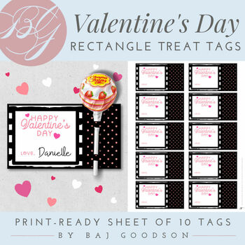 Preview of Valentine's Day Printable | Pink & Black Candy Treat Tags | 10 Print Ready Cards