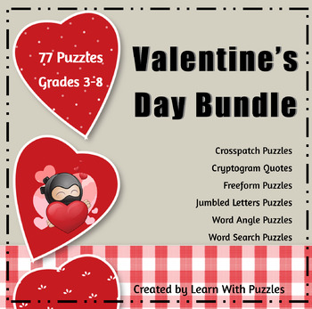 Preview of Valentine's Day Puzzle BUNDLE 77 Puzzles Grades 3-8 Printables