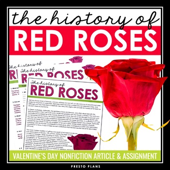 Preview of Valentine's Day Reading Comprehension Article & Assignment - Red Roses