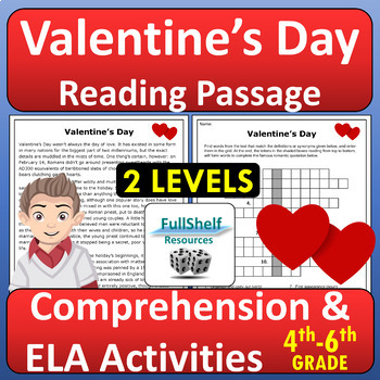 Preview of Valentine's Day Reading Comprehension Passage and Activities 4th 5th 6th Grade