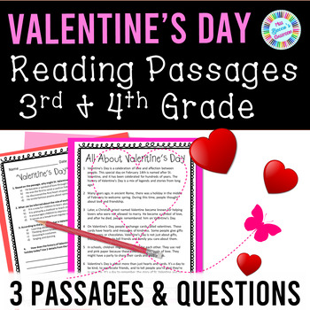 Preview of Valentine's Day Reading Comprehension Passages & Questions 3rd Grade & 4th Grade