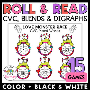 Preview of Valentine's Day Roll and Read Fluency Practice Games | CVC Digraphs Blends