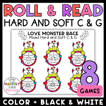 Preview of Valentine's Day Roll and Read Fluency Practice Games | Hard and Soft C and G