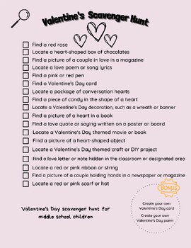 Preview of Valentine's Day Scavenger Hunt Handout for Middle School Students
