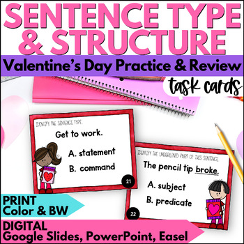 Preview of Valentine's Day Sentences Task Cards - February Sentence Types and Structures