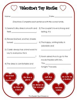 Preview of FREE Valentine's Day Figurative Language Similes Sentence Completion Worksheet