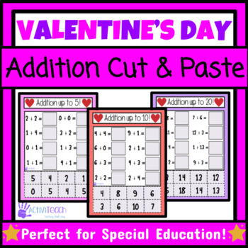 Preview of Valentine's Day Simple Addition Cut & Paste Worksheets | Math Basic Facts SPED