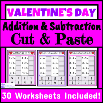 Preview of Valentine's Day Simple Addition and Subtraction Cut & Paste Worksheets SPED Math