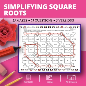 Preview of Valentine's Day: Simplifying Square Root Expressions Maze Activity