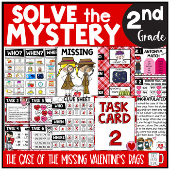 Preview of Valentine's Day Solve the Mystery Math & ELA Task Card Activity 2nd Grade