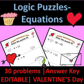 Preview of Valentine's Day Solving Equations | Number Sense Logic Puzzles | Algebra 1