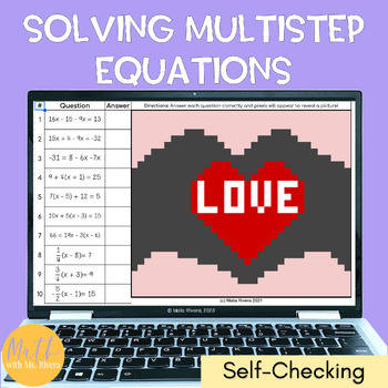 Preview of Valentine's Day Solving Multi Step Equations Variables One Side Pixel Art
