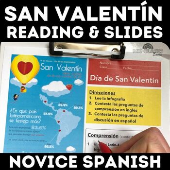 Preview of Valentine's Day Spanish Reading Comprehension Worksheet, Slides San Valentín