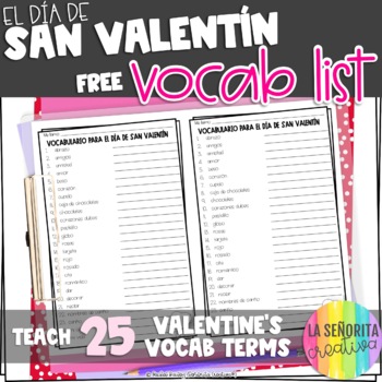 Preview of Valentine's Day Spanish Vocab List FREE | San Valentín