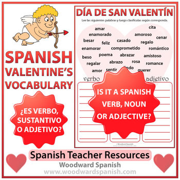 Preview of Valentine's Day Spanish Worksheet - Verb, Noun or Adjective?