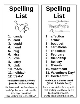 Preview of Valentine's Day Spelling List (Editable)