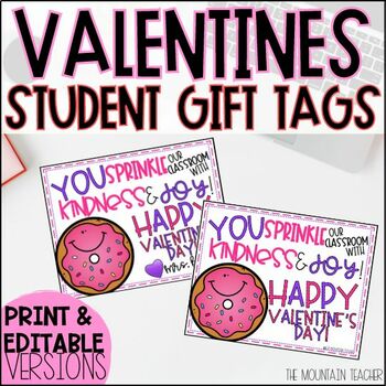 Preview of Editable Valentines Day Gift Tags to Students - Sprinkle Kindness Donut Gift Tag