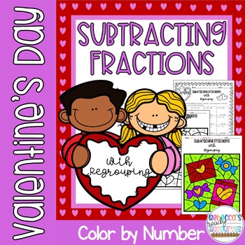 Preview of Valentine's Day Subtracting Fractions with Regrouping Color by Number 