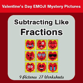 Valentine's Day: Subtracting Like Fractions - Color-By-Number Math Mystery Pictures
