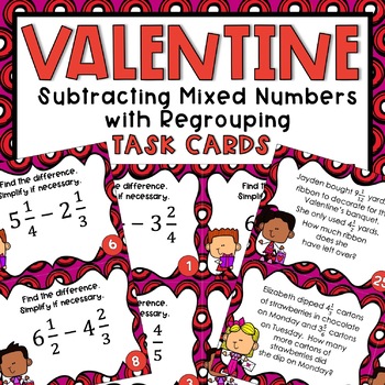 Preview of Valentine's Day Subtracting Mixed Numbers with Regrouping Task Cards 