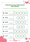 Valentine's Day Subtraction Worksheet Numbers 1-5