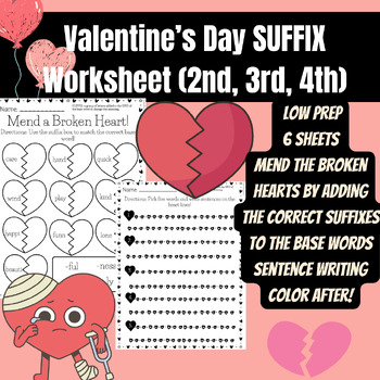 Preview of Valentine's Day Suffix Worksheets 2nd, 3rd, 4th Grade