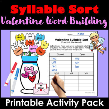 Preview of Valentine's Day Syllable Activity Sorting and Word Building | Orton-Gillingham